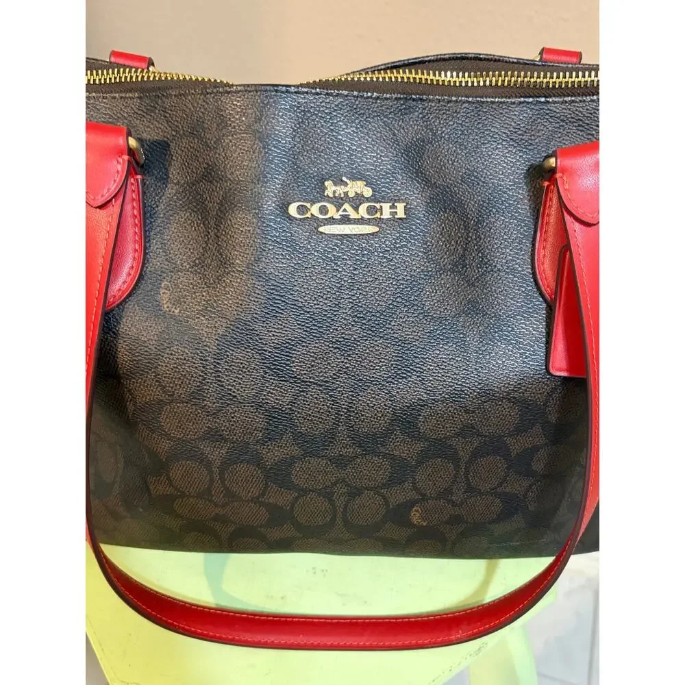 Coach City Zip Tote Brown Signature Canvas Red Leather Trim + Matching Wristlet